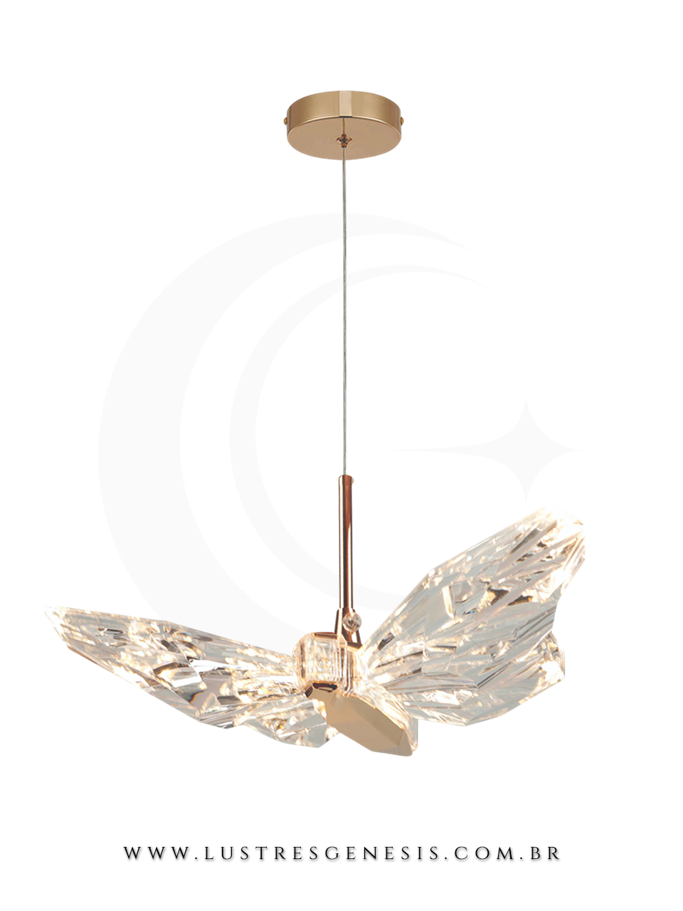 Luminaria de Teto Pendente Borboleta LED Dourado Cristal 14x20cm, Cabeceira de Cama, Lavabo, Balcao de cozinha, Bancada Area Gourmet
